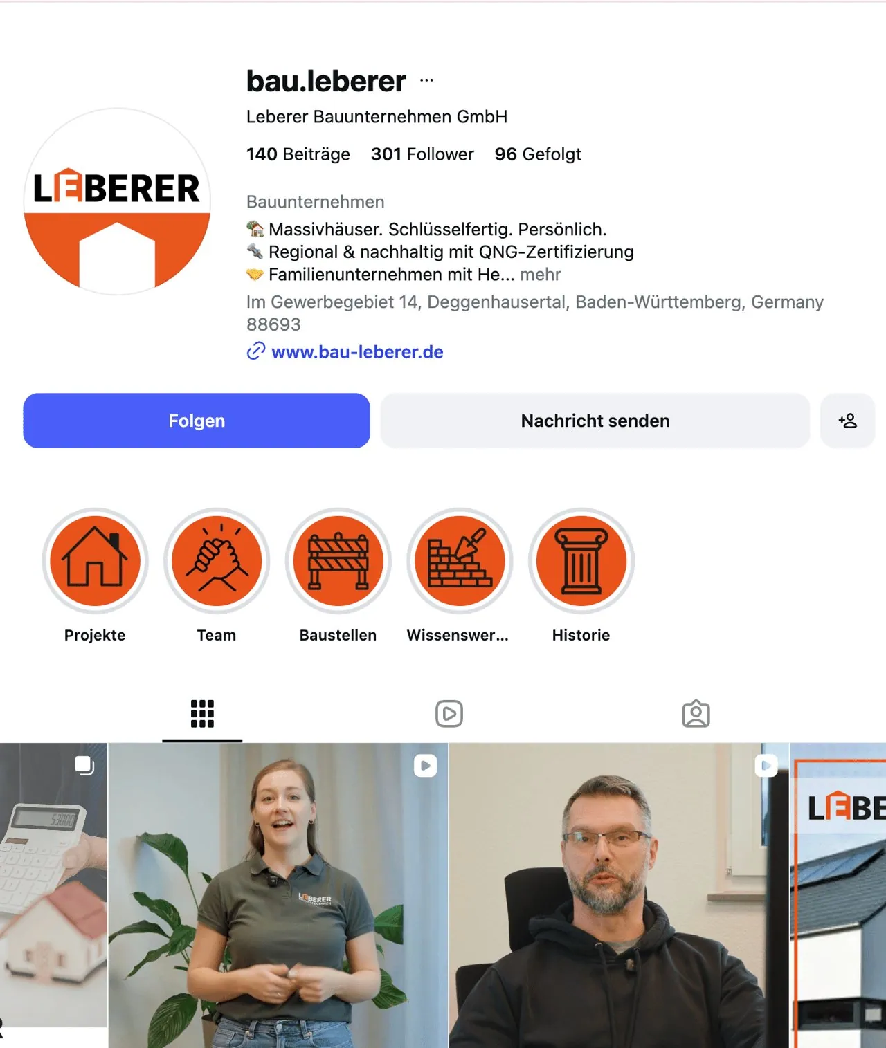 Instagram-Profil der Leberer Bauunternehmen GmbH