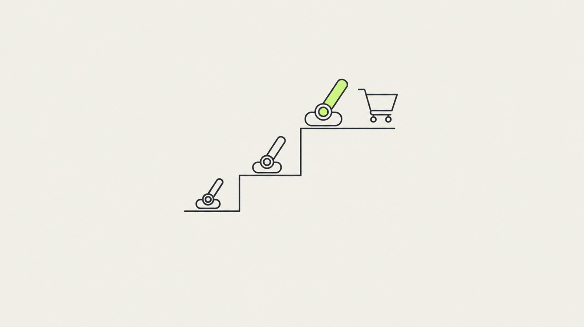 Illustration: drei Stufen mit immer größeren Hebeln, der oberste in Lime umgelegt, daneben ein Einkaufswagen