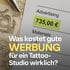 Tattoo-Studio-Rechnung mit hervorgehobenem Werbebudget – Titel: 'Was kostet gute Werbung für Tattoo Studios wirklich?