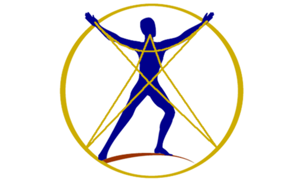 Blaue menschliche Figur in einem goldenen Kreis mit einem goldenen Stern, der die Arme und Beine verbindet.