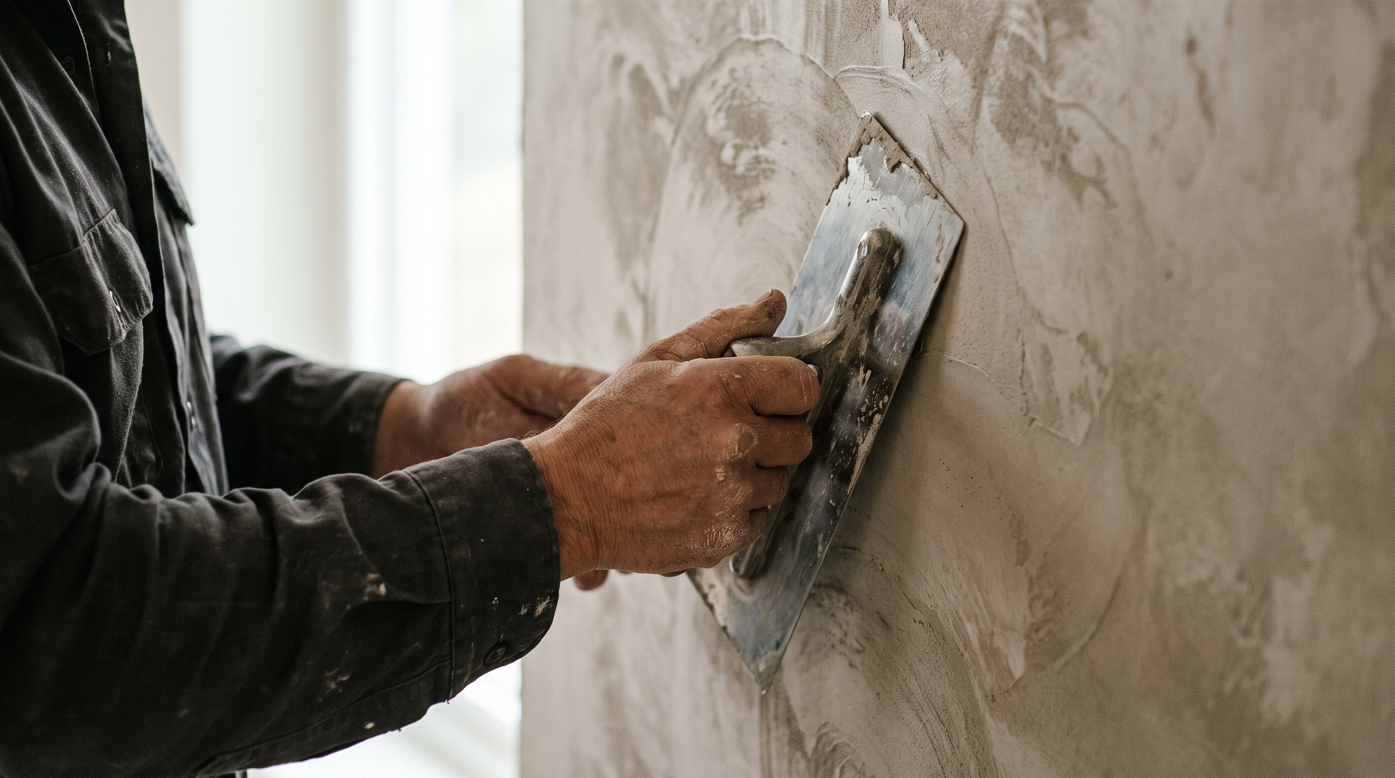 Malermeister traegt Spachtelmasse mit der Glaettekelle auf eine Wand auf
