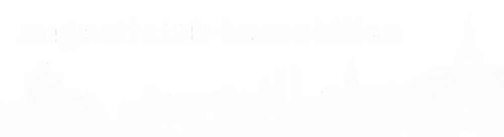 Weißer Text "augustiniak-immobilien" über einer weißen Stadtsilhouette auf grünem Hintergrund.