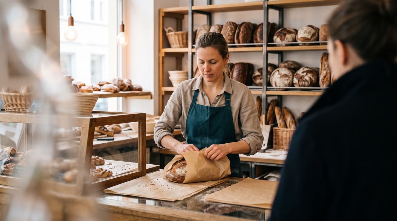 Bäckereifachverkäuferin reicht Brot über die Holztheke einer modernen Handwerksbäckerei.