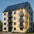Mehrfamilienhaus mit Solarmodulen auf dem Dach und gelb leuchtenden Linien, die vom Dach zu den Balkonen führen.