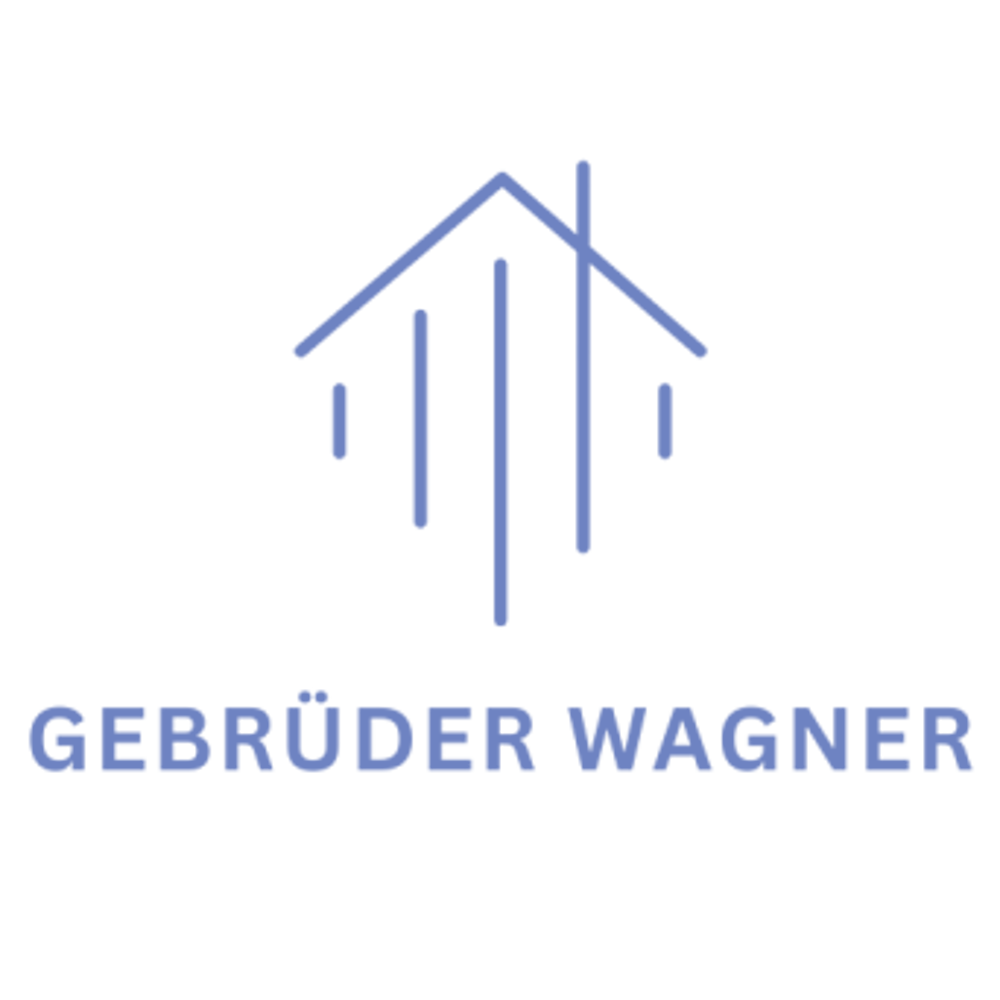 Blaues Linienhaus-Symbol über dem Text "GEBRÜDER WAGNER" auf dunkelgrünem Hintergrund.