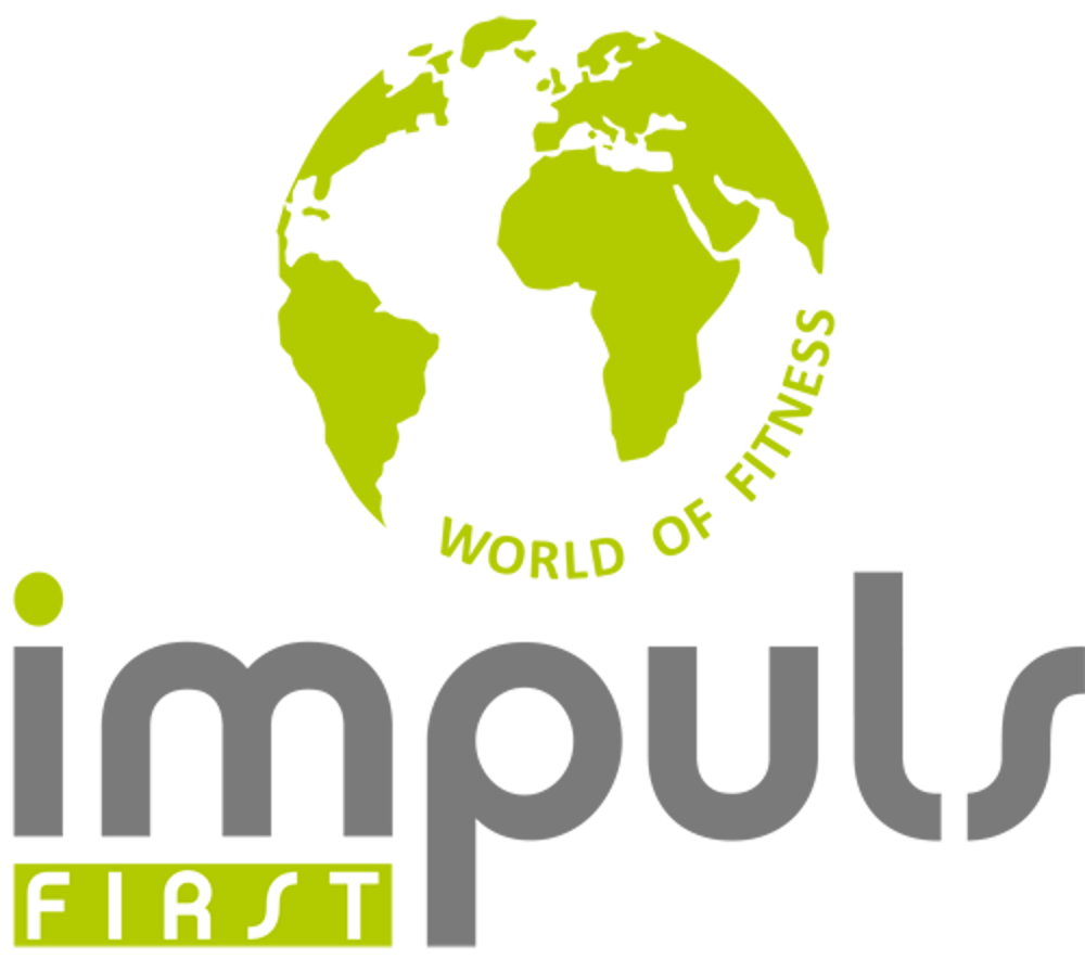 Logo von Impuls First World of Fitness mit einer grünen Weltkugel auf schwarzem Hintergrund.