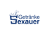 Blaues Logo Getränke Sexauer mit stilisiertem Glas-Icon, Strohhalm und Luftblasen auf schwarzem Hintergrund.
