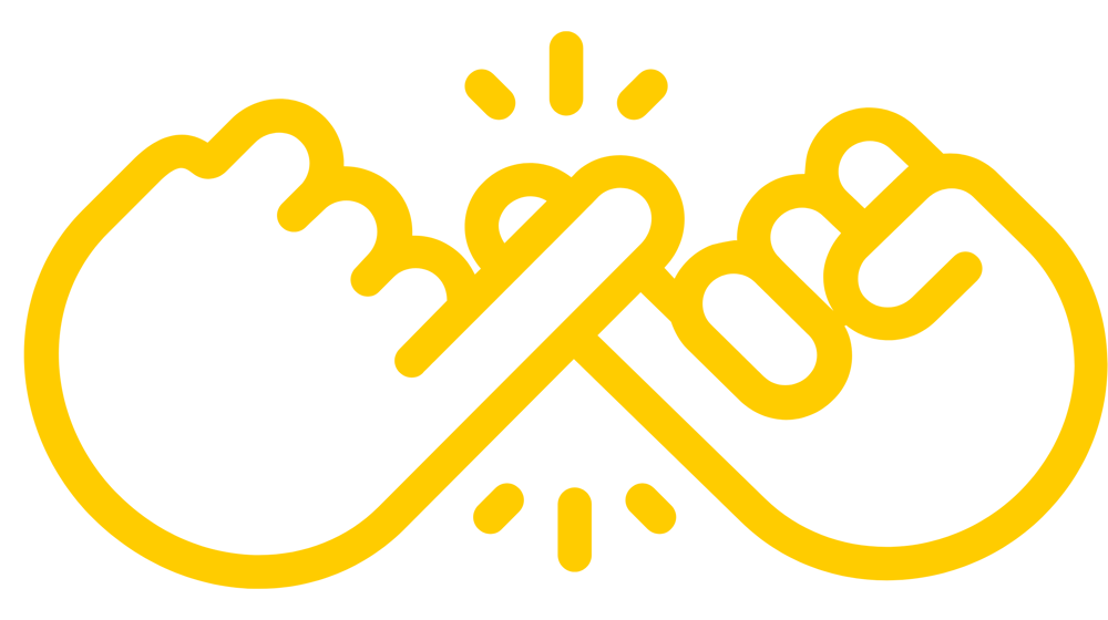 Zwei goldene Fäuste, die sich mit den eingehakten kleinen Fingern berühren und leuchtende Sterne um sie herum. Es symbolisiert das Vertrauen und den Zusammenhalt der bei Schiffer Bedachungen gelebt wird.