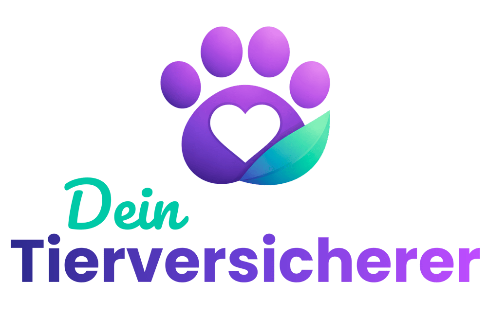 Lila und türkisblaues Logo mit Pfotenabdruck, Herz und Blatt, darunter der Text "Dein Tierversicherer".
