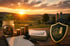 Münzglas mit Pflanze, gestapeltes Geld und Notizbuch mit Zielen vor einer ländlichen Farm bei Sonnenuntergang.