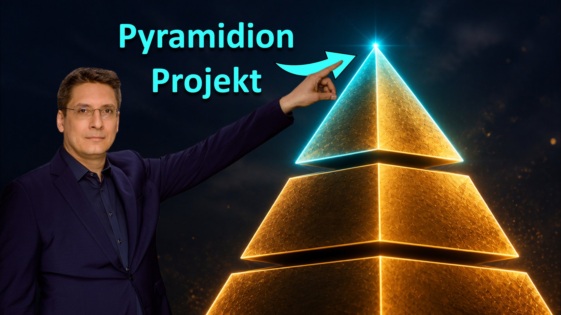 Falk Elsner deutet auf die türkis leuchtende Spitze der goldenen Vermögenspyramide, daneben der Schriftzug Pyramidion Projekt