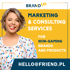 Woman winking, tongue out, with text: BRANDUP, MARKETING & CONSULTING SERVICES FOR NON-GAMING BRANDS AND PRODUCTS, HELLO@FRIEND.PL