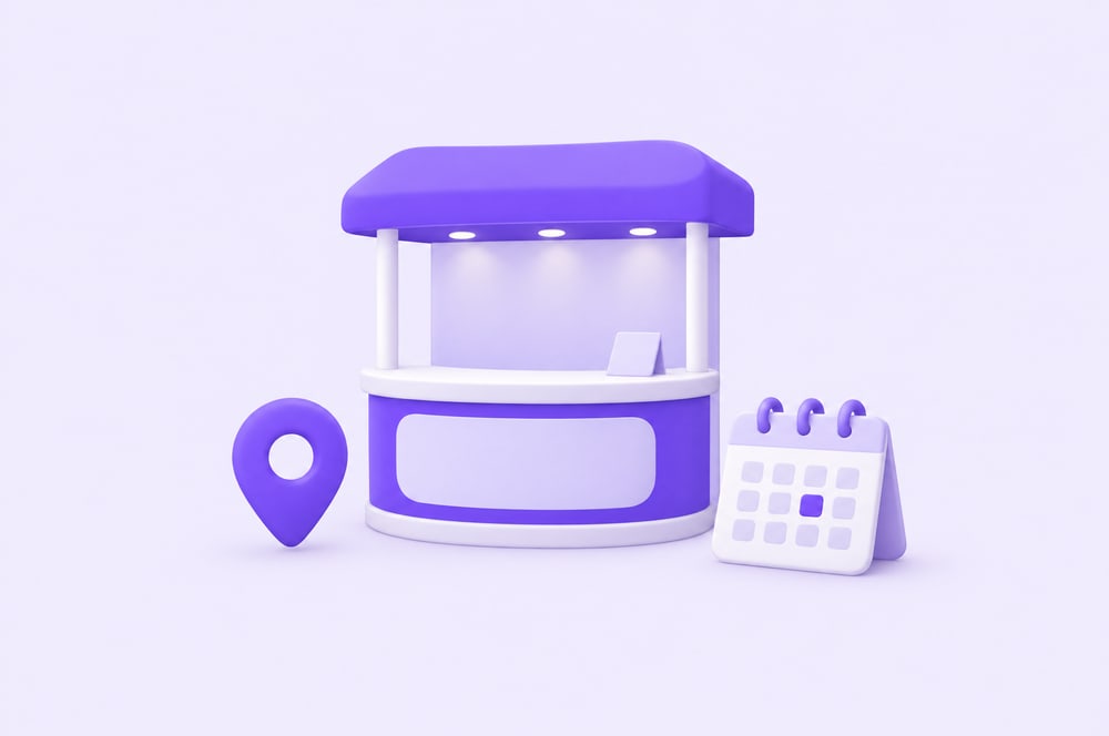 Illustration: Messestand mit Standort-Pin und Kalender
