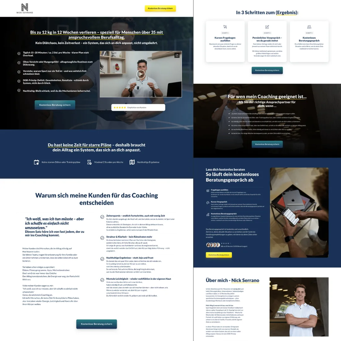 Collage aus Webseiten-Entwürfen für Nick Serrano Fitness Coaching