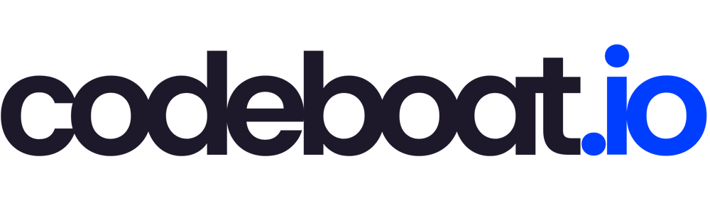 Codeboat.io Logo mit schwarzem Text "codeboat" und blauem Text ".io" auf grünem Hintergrund.
