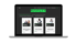 Ein Laptop zeigt eine Webseite mit „Marketing & KI“ als Überschrift und drei Vorschaukarten für Online-Kurse.