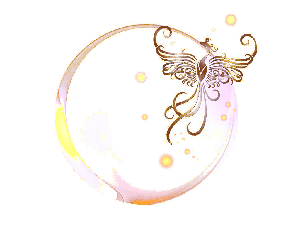 Ein verzierter goldener Phönix in einem leuchtenden Kreis aus lila, gelb und rot mit schwebenden orangefarbenen Kugeln.