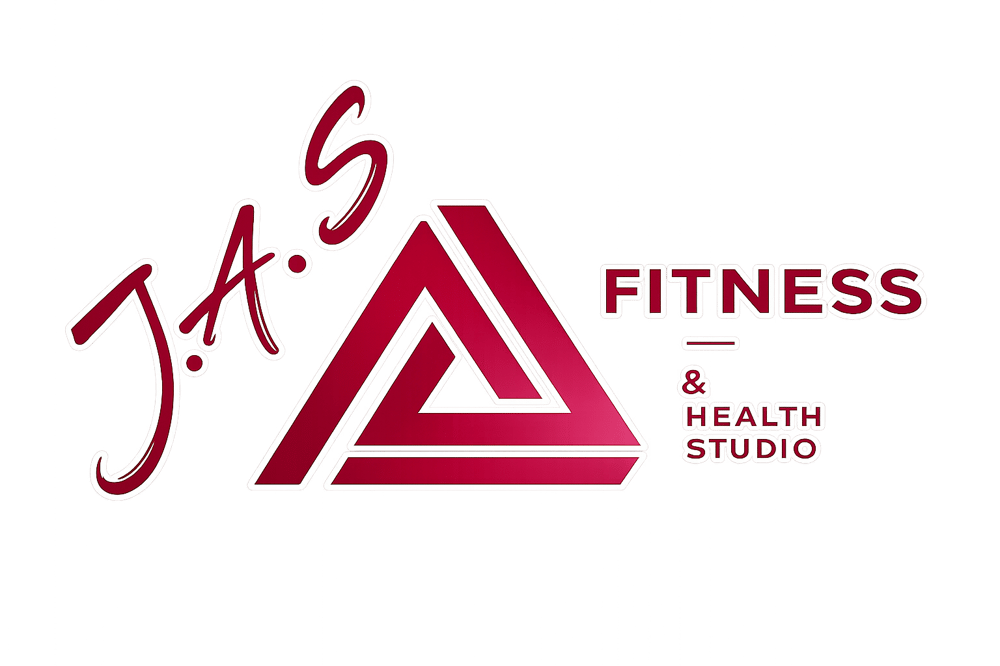 Logo des J.A.S Fitness & Health Studio mit einem roten, verschlungenen Dreieckssymbol auf schwarzem Hintergrund.