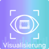 Weißes Auge mit Bühne und Scheinwerfern, umgeben von eckigen Klammern, auf lila-türkisem Hintergrund.