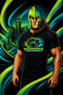 A muscular man in a Spartan helmet and "Warriors Motivational" t-shirt stands before a stylized green and blue cityscape.