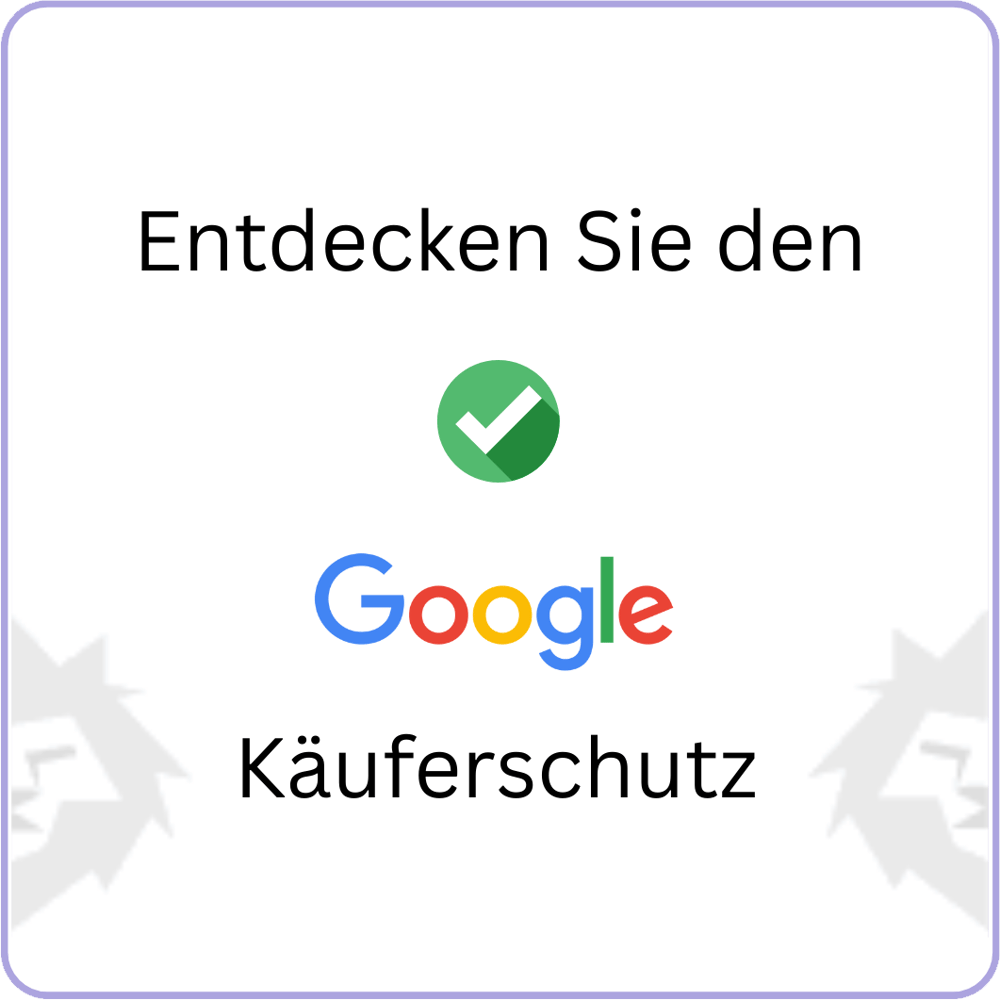 Text "Entdecken Sie den Google Käuferschutz" mit Google-Logo und grünem Häkchen.
