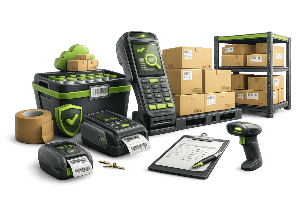 Handscanner, Etikettendrucker, Barcodeleser und Pakete im Lagerregal: typische Ausstattung von Logistik- und Handelsbetrieben in Rüsselsheim