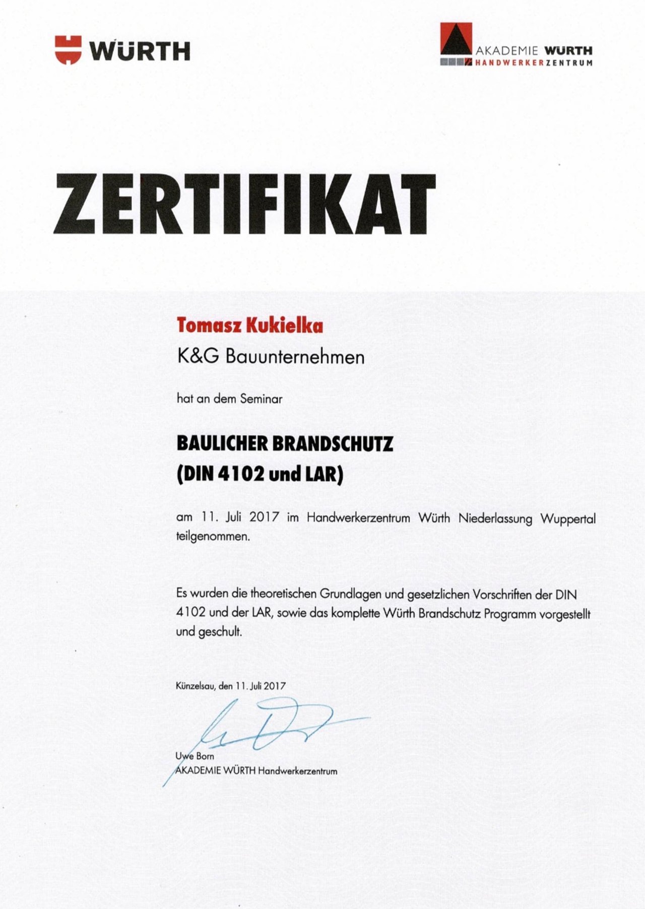 Würth Zertifikat Baulicher Brandschutz nach DIN 4102