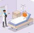 Ärztin spricht mit lächelndem Patienten im Krankenhausbett; Infusionsständer daneben, Nachttisch.