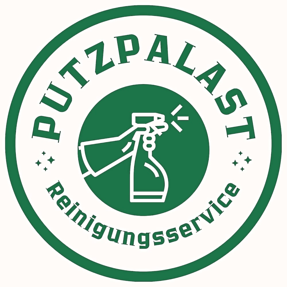 Grünes Logo: "PUTZPALAST Reinigungsservice" um eine Hand, die eine Sprühflasche hält.
