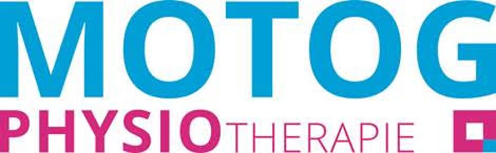 Logo mit blauem Text "MOTOG" über rosa Text "PHYSIO THERAPIE" mit einem rosa Quadrat und weißem Kreuz.