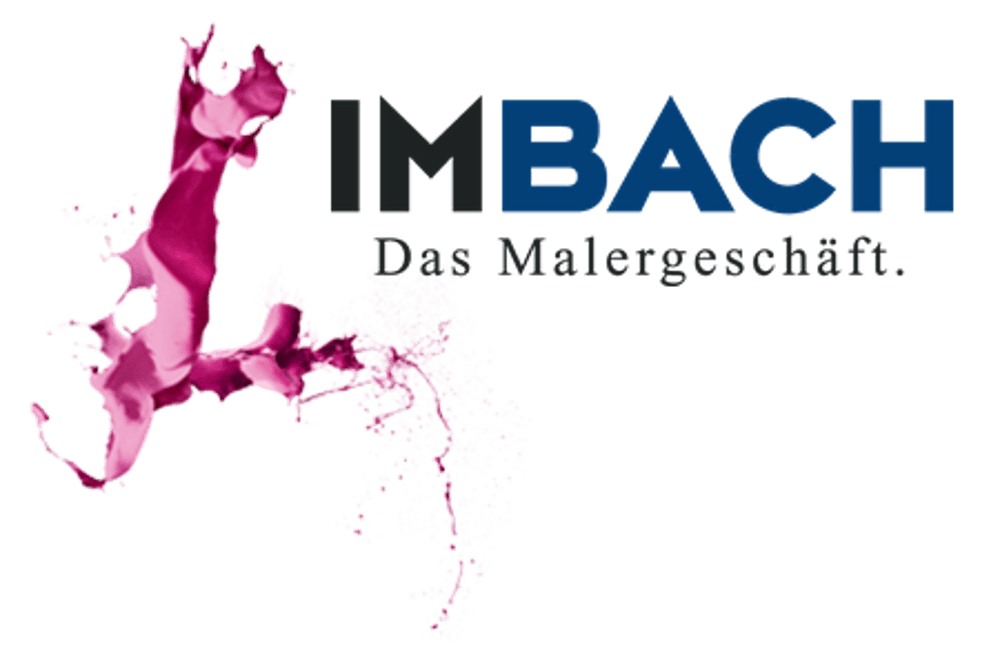 IMBACH Das Malergeschäft. Spritzer rosa und lila Farbe auf grünem Hintergrund.