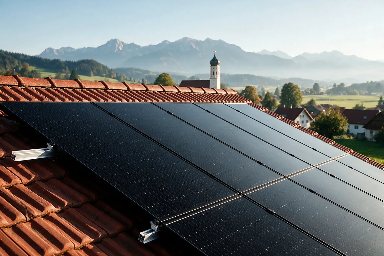 Photovoltaikmodule auf Ziegeldach mit Blick auf Alpen und Kirchturm