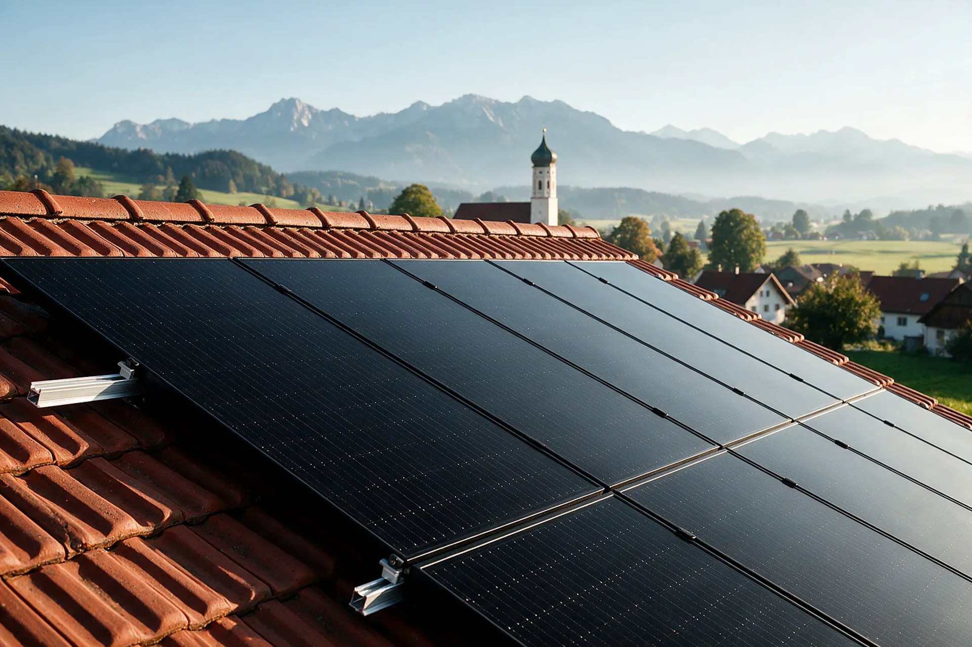 Photovoltaikmodule auf Ziegeldach mit Alpenblick