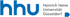 Blaues "hhu" Logo und Text "Heinrich Heine Universität Düsseldorf" mit blauem Punkt.