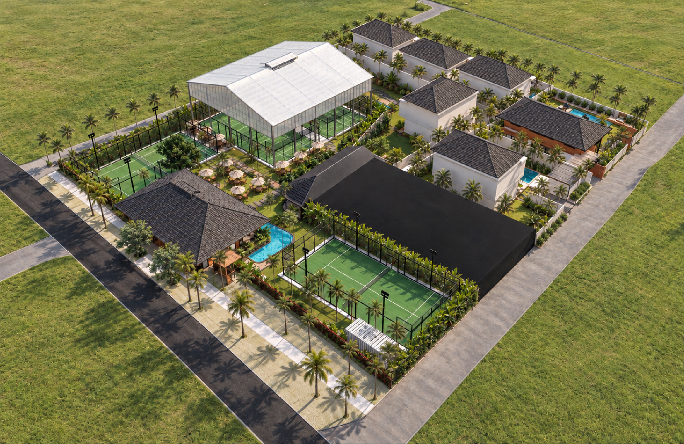 Visualisierung der Gesamtanlage von The Court Saba mit Villen, Pool und Padel Courts