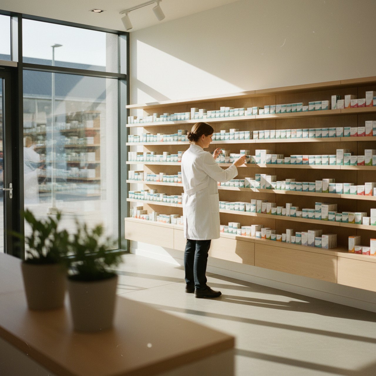 Apothekerin sortiert in Ruhe Medikamente im Offizinregal