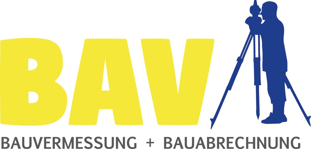 BAV Logo: Gelbe Buchstaben "BAV", blaue Silhouette eines Vermessers mit Theodolit, Text "BAUVERMESSUNG + BAUABRECHNUNG".