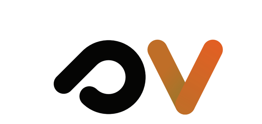 Logo mit schwarzem, stilisiertem "o" und violettem "V".