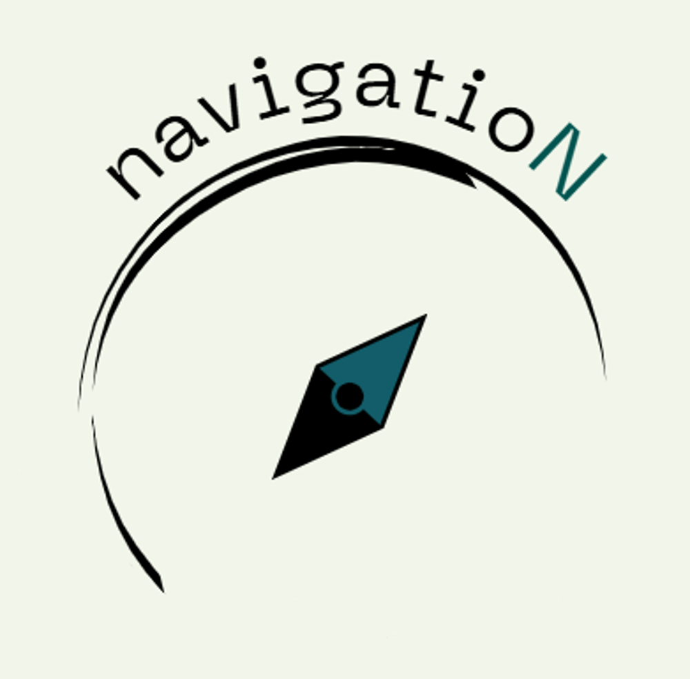 Kompass mit Nadel, die nach oben zeigt, und dem Wort "navigation" im Bogen darüber.