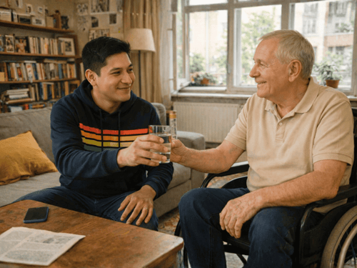 A young man and an older man in a wheelchair toast with glasses of water.