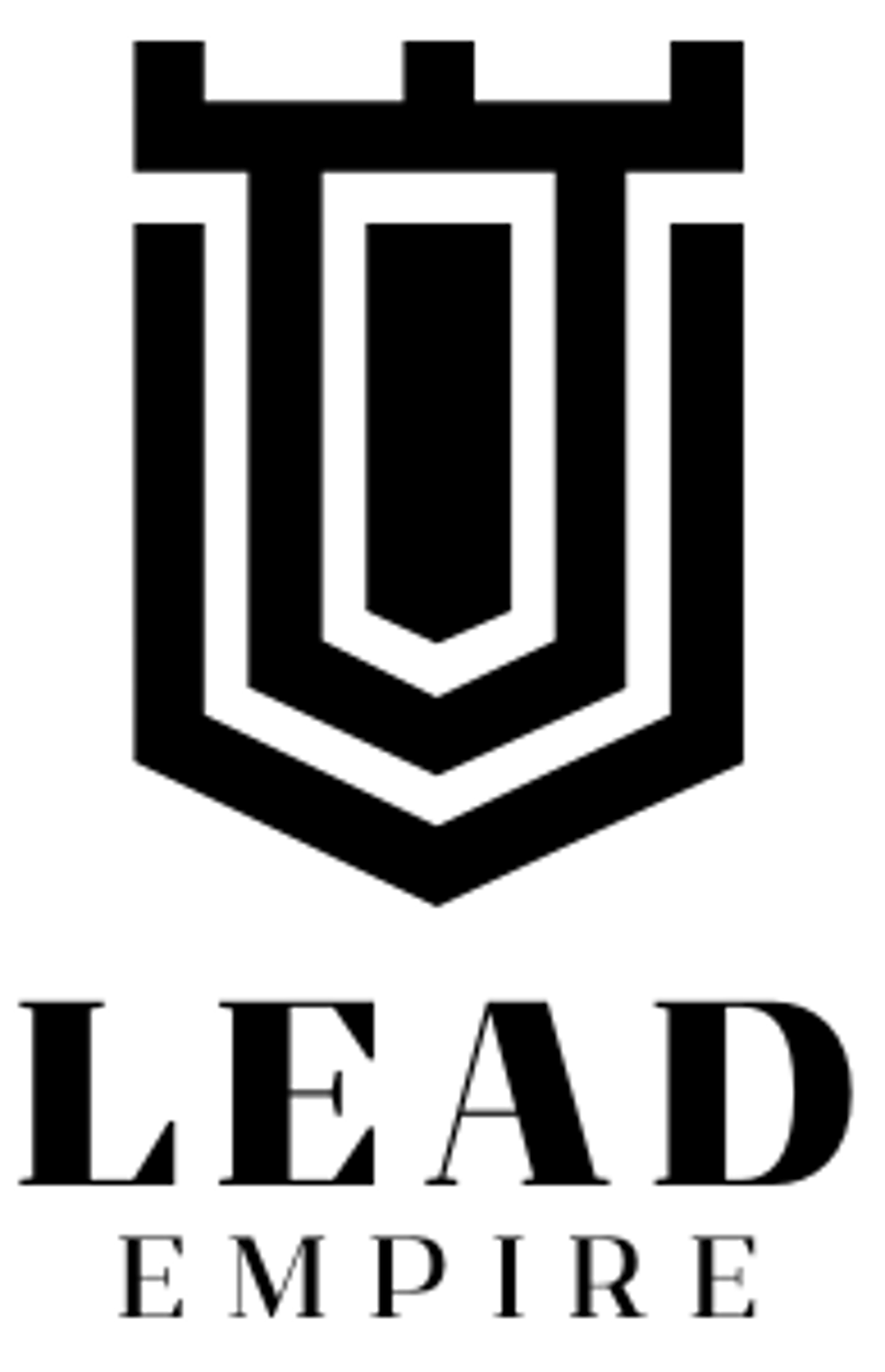 Schwarzes Schildlogo mit gezackter Oberkante und den Worten „LEAD EMPIRE“ darunter.