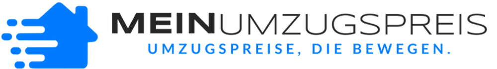 Logo: MEINUMZUGSPREIS.DE, UMZUGSPREISE, DIE BEWEGEN. Blaues Haus-Symbol mit Geschwindigkeit-Strichen.