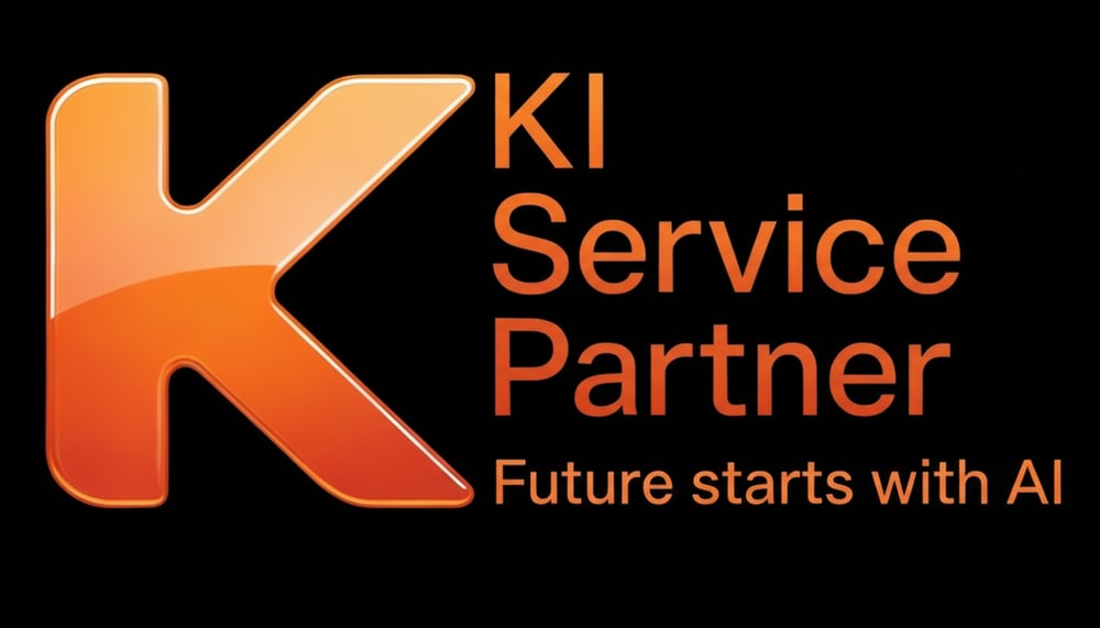 KI Service Partner Logo mit glänzendem orangefarbenem "K" und Text "Future starts with AI".