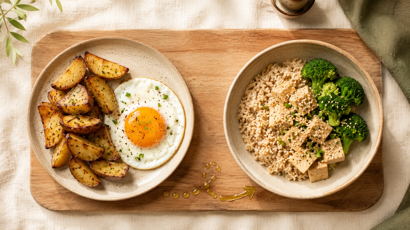 Vollwertige Ernährung praktisch umgesetzt: Bratkartoffeln mit Spiegelei und Vollkornreis mit Tofu und Brokkoli
