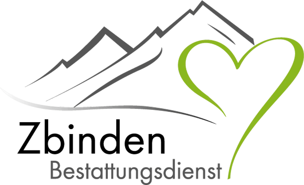 Logo: Zbinden Bestattungsdienst, graue Berge, grünes Herz, silberner Bogen auf dunklem Hintergrund.