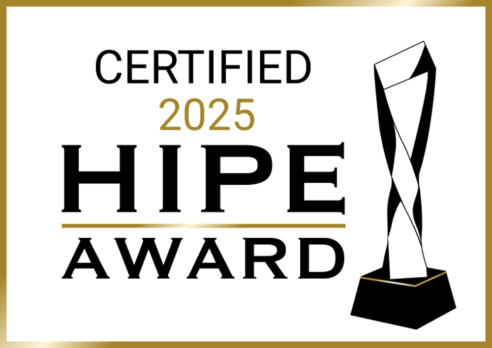 Zertifiziert 2025 HIPE AWARD Logo mit goldener Umrandung und einer schwarzen Trophäe.