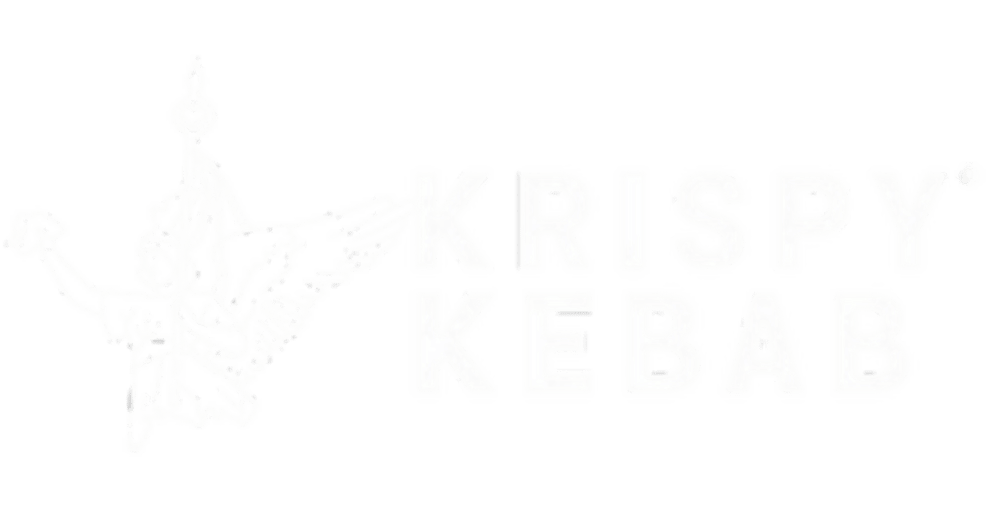 Weißes Logo mit einem geschwungenen Design links und dem Text "KRISPY KEBAB" rechts.