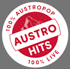 Rotes und weißes rundes Logo mit "100% AUSTROPOP" und "100% LIVE" umrandet "AUSTRO HITS" über einem Berg.
