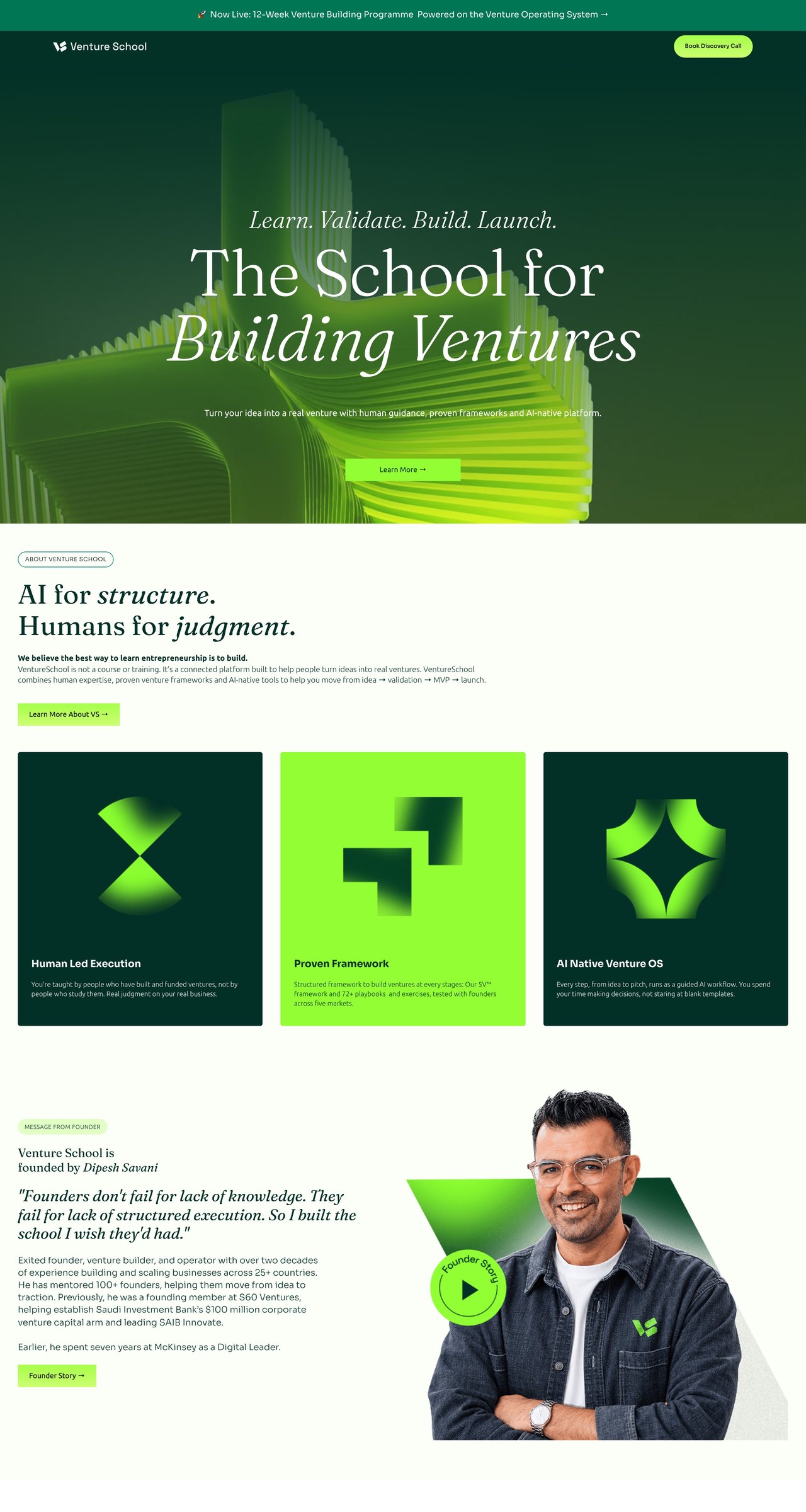 Venture School website, first three screens