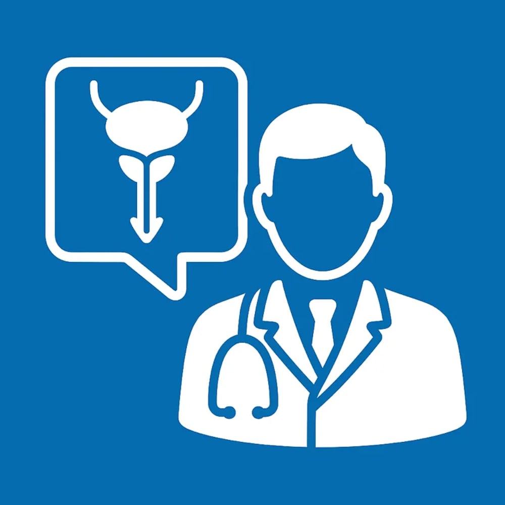 Ein Urologe mit Stethoskop und einer Sprechblase, die eine Blase und Harnwege zeigt.